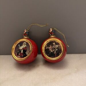 Vtg 1998 Bradford Editions Norman Rockwell Christmas Ornaments Set Of 2 Santa